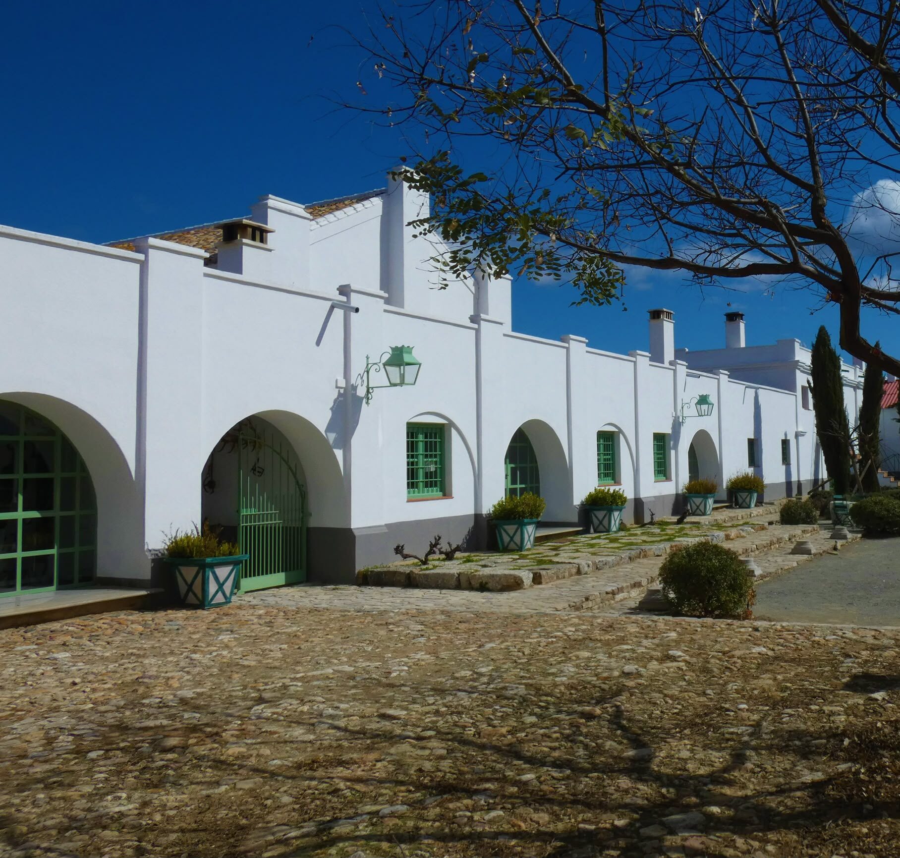 The whitewashed, green-shuttered cortijo buildings at the heart of La Toro Estate